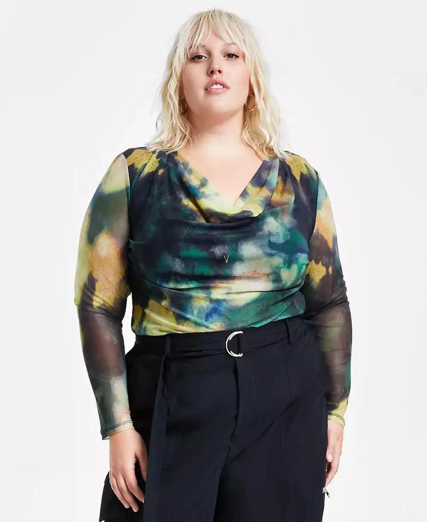 Bar III Trendy Plus Size Printed Mesh Cowlneck Top, Created for Macy's 1