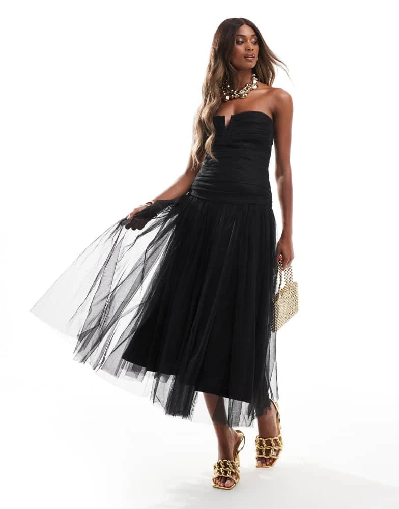 Lace & Beads Lace & Beads drop hem tulle midaxi dress in black 4