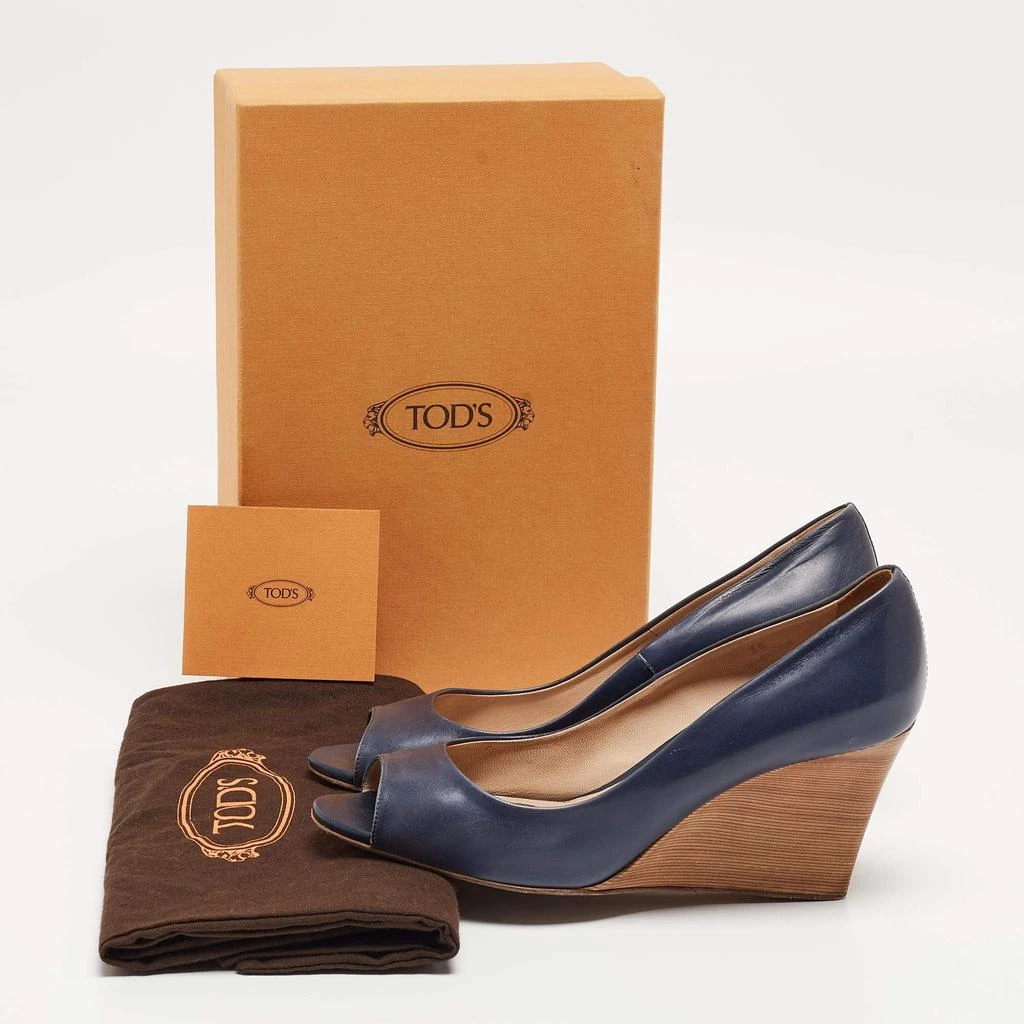 Tod's Tod's Navy Blue Leather Peep Toe Wedge Pumps Size 38 9