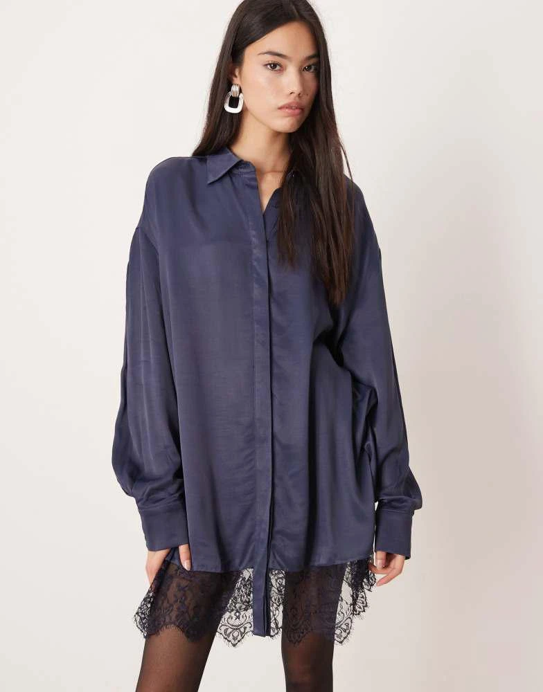 ASOS ASOS DESIGN satin shirt mini dress with high low curved hem in deep navy