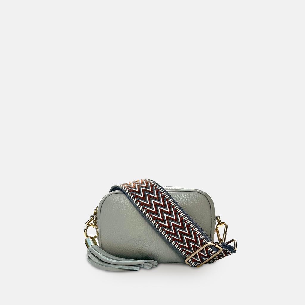 Apatchy London The Mini Tassel Light Grey Leather Phone Bag With Tan Boho Strap