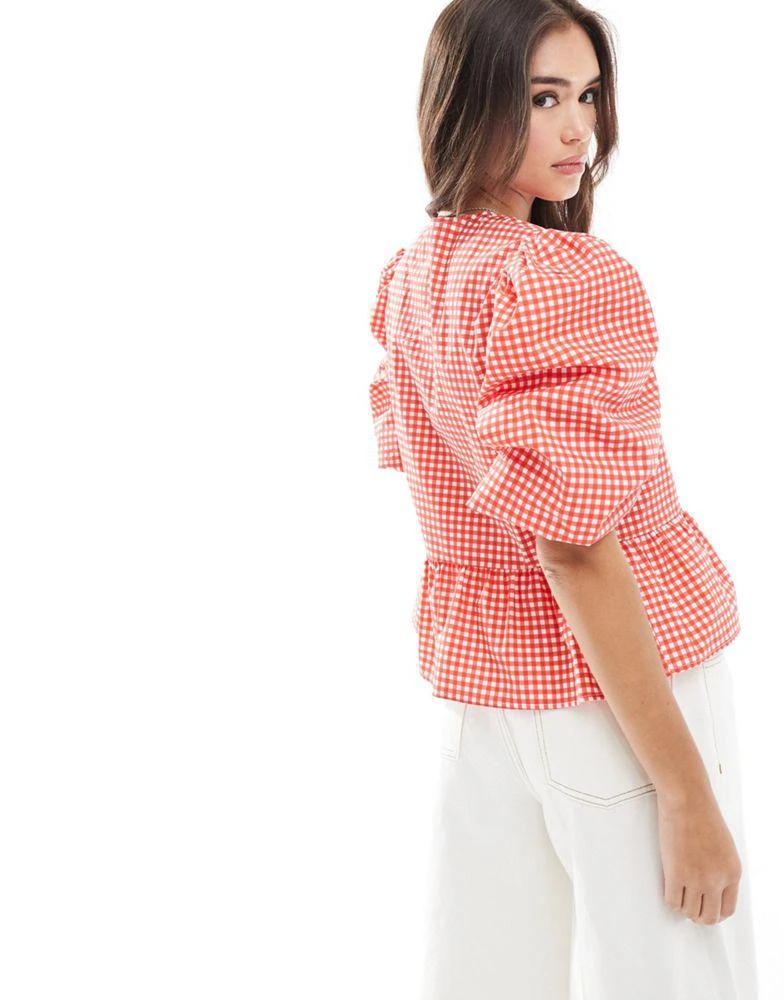 ASOS ASOS DESIGN cotton poplin tie front peplum blouse in red gingham 2