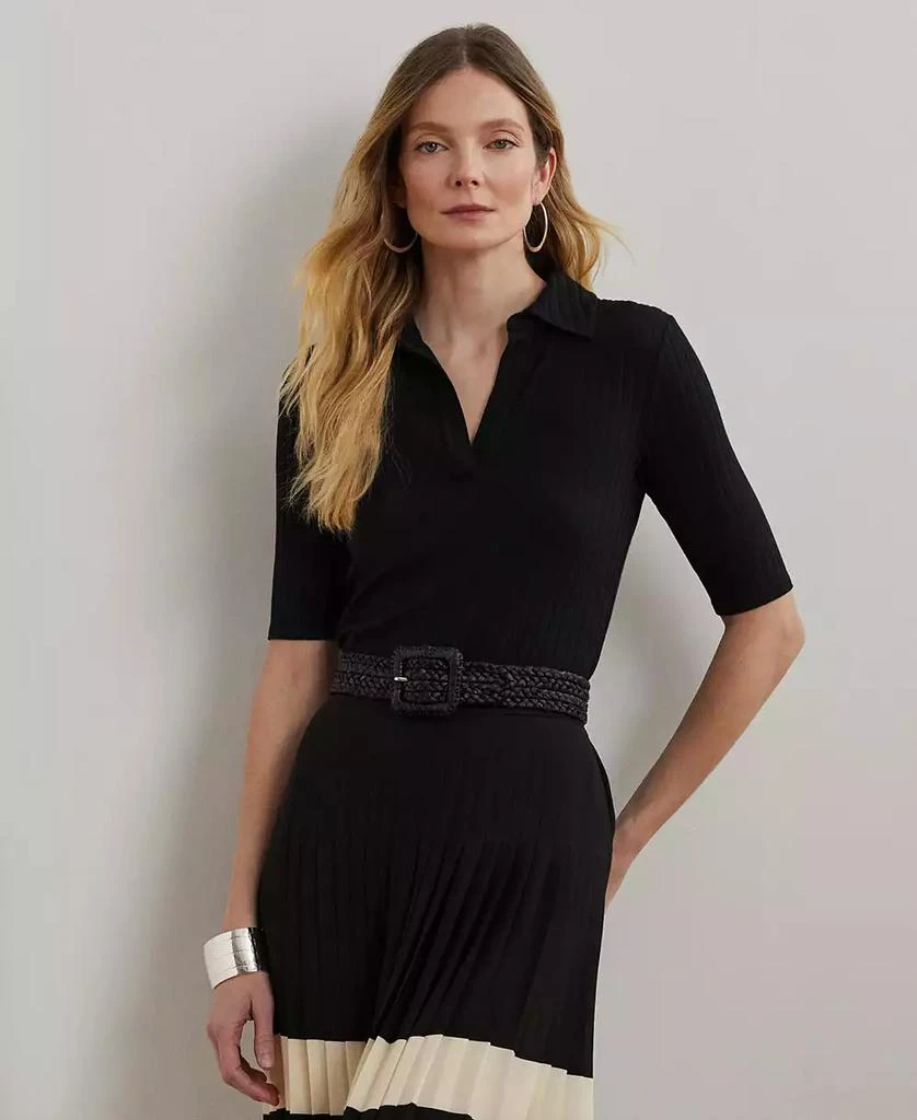 Ralph Lauren Women's Rib-Knit Elbow-Sleeve Polo Tee 1