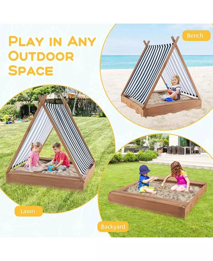 Costway Wooden Sandbox with Canopy Tent Design Fir Wood Frame 2 Bench Seats Bottom 6
