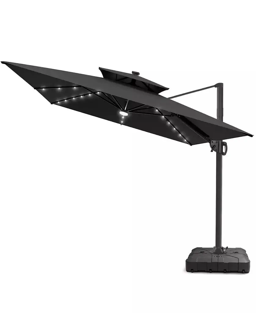 Pellebant Outdoor Patio 9x11 FT Aluminum Double Canopy Solar Lights Cantilever Umbrella with Wheel Base
