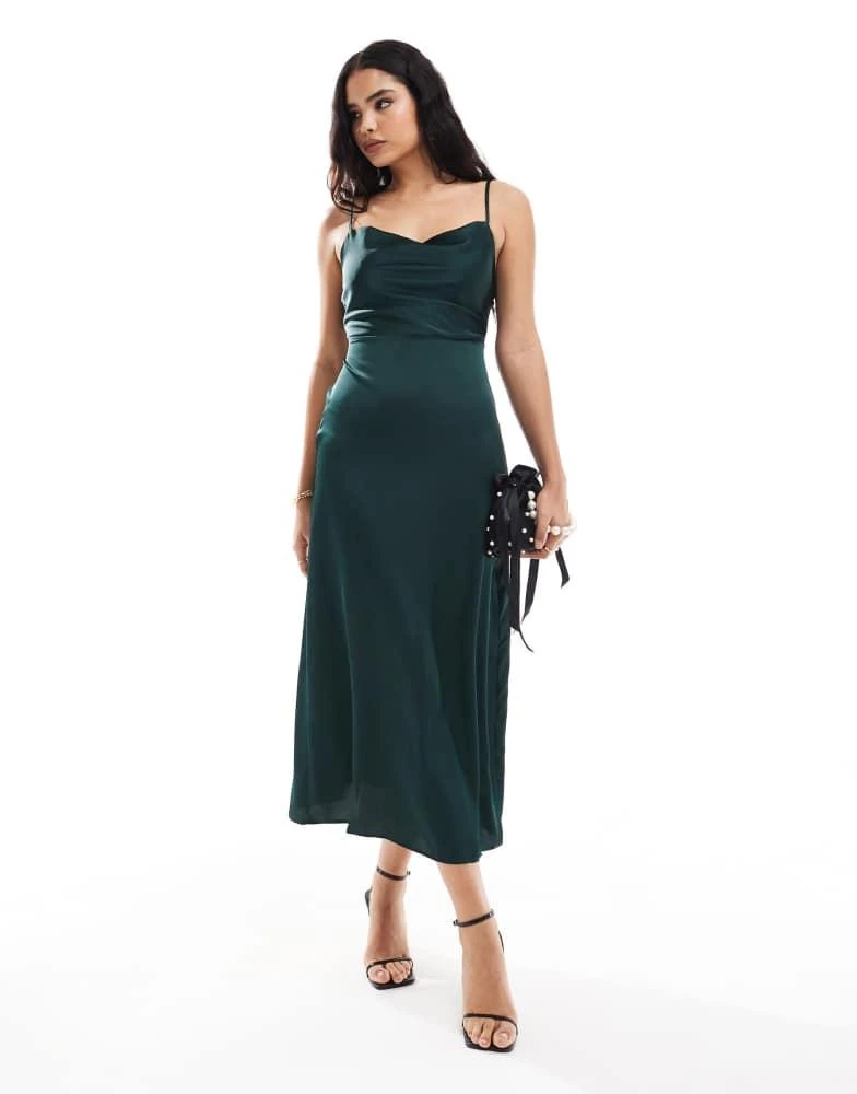 dark green satin cowl neck dress Forest Green Cowl Neck Silk Satin Midi Length Slip Dress,Adjustable Spaghetti Straps,Bias Cut,Date Open Back Bridesmaids Engagement Dress