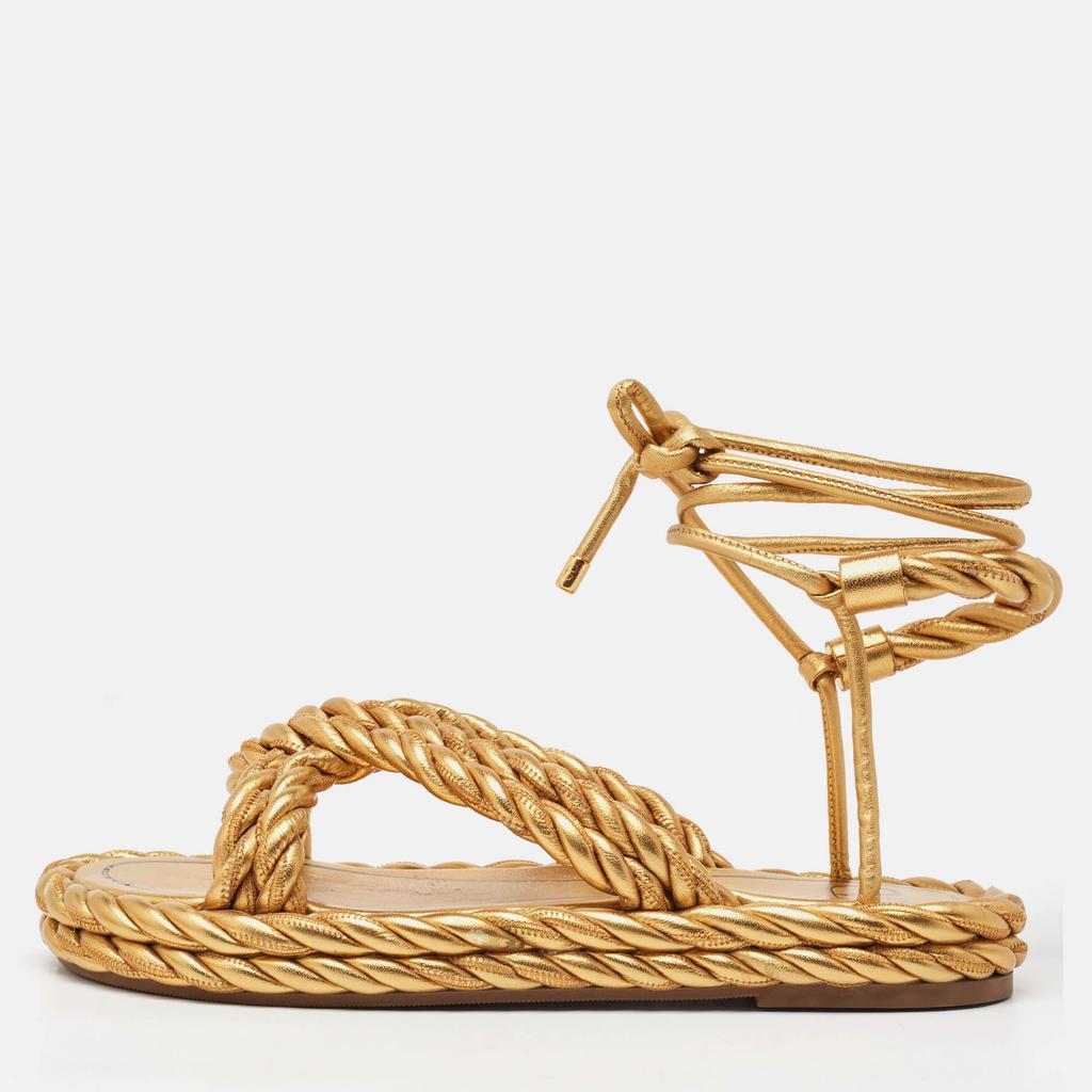 Valentino Valentino Gold Braided Leather Ankle Tie Flat Sandals Size 39