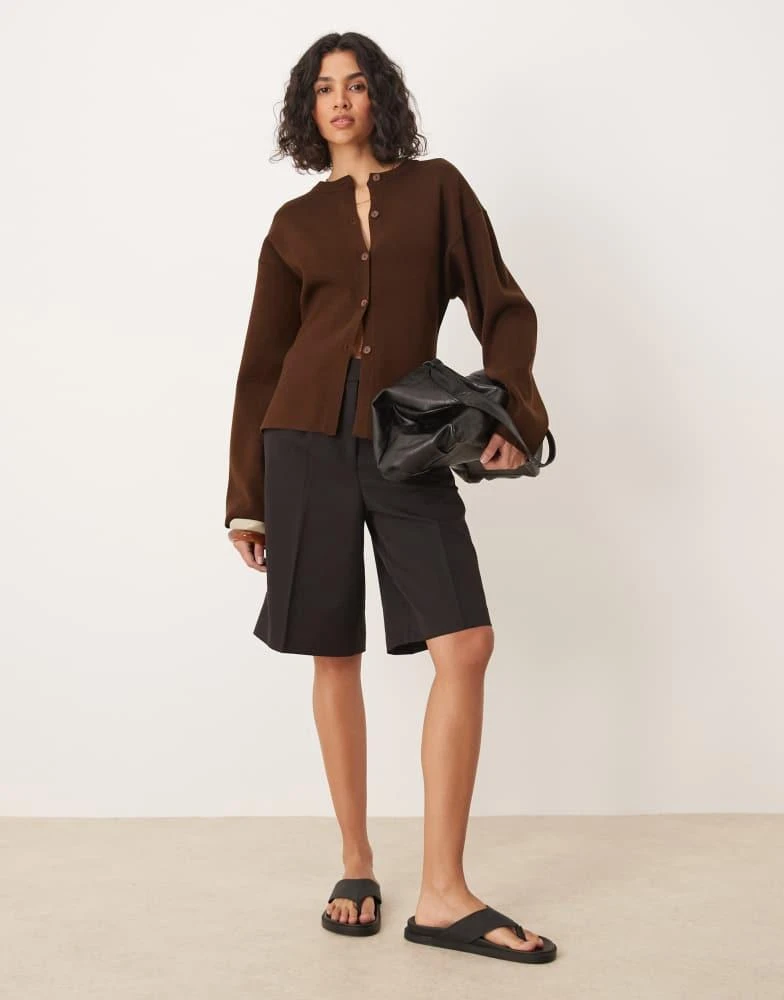 ASOS ASOS DESIGN knitted structured crew neck cardigan in dark brown 3