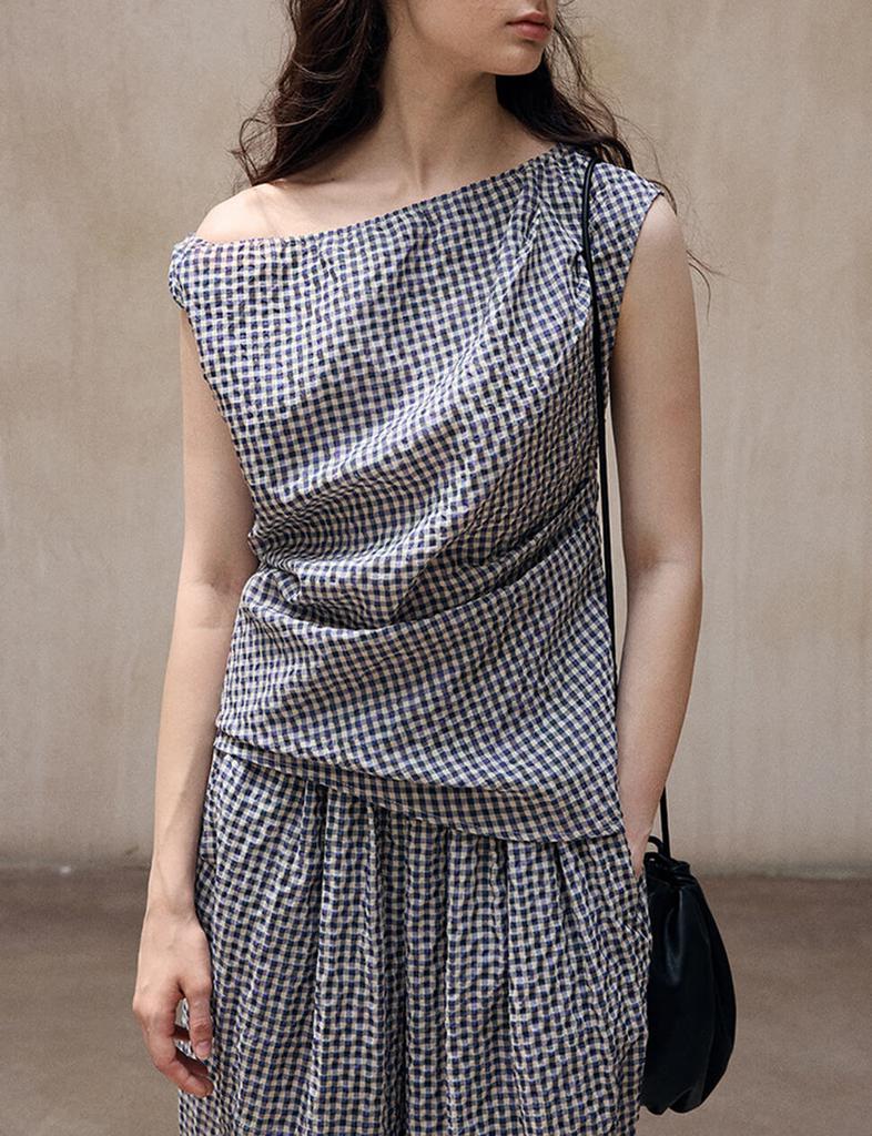 Pixie Market Gingham Asymmetric Draped Top
