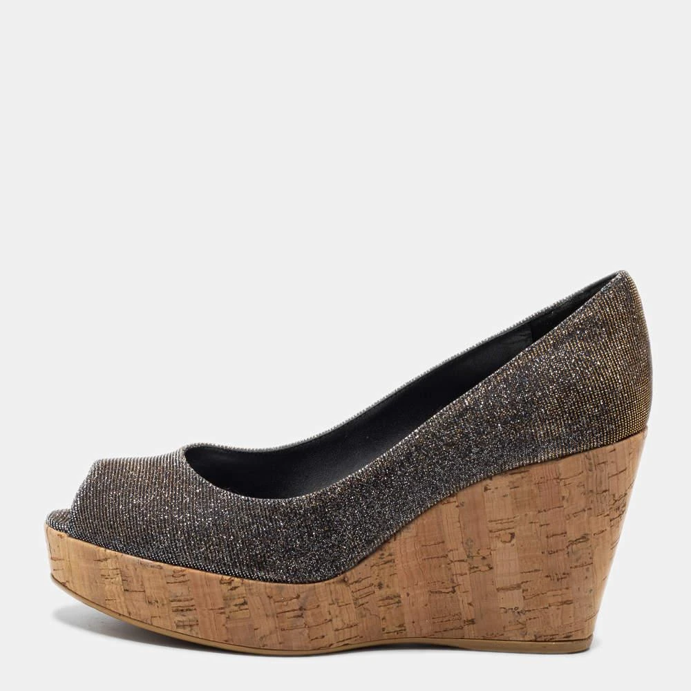 Stuart Weitzman Stuart Weitzman Grey Lurex Fabric Anna Cork Wedge Platform Peep Toe Pumps Size 37 1