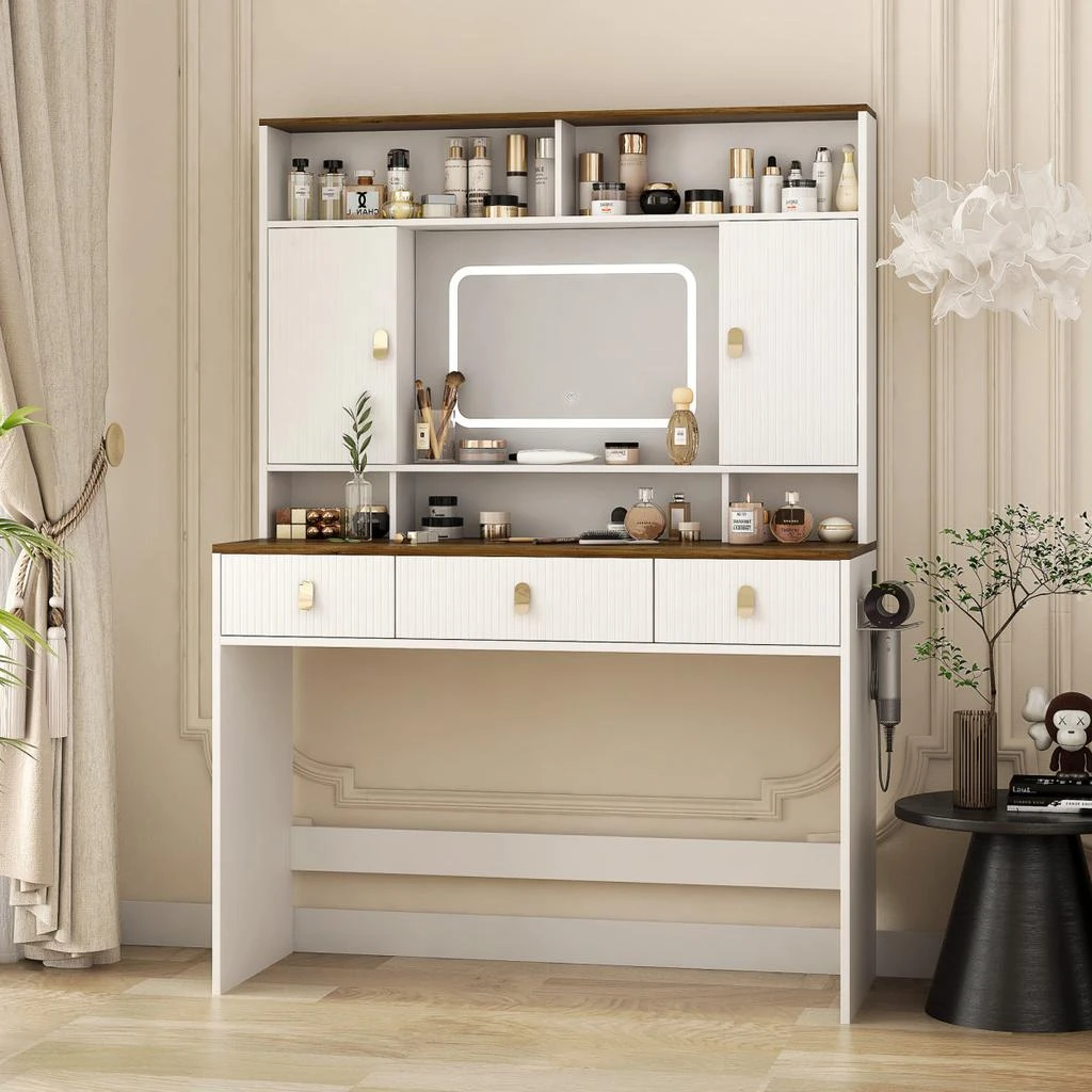 Streamdale Furniture Streamdale Farmhouse Dressing Table with Lighted Mirror and Drawer, White 2