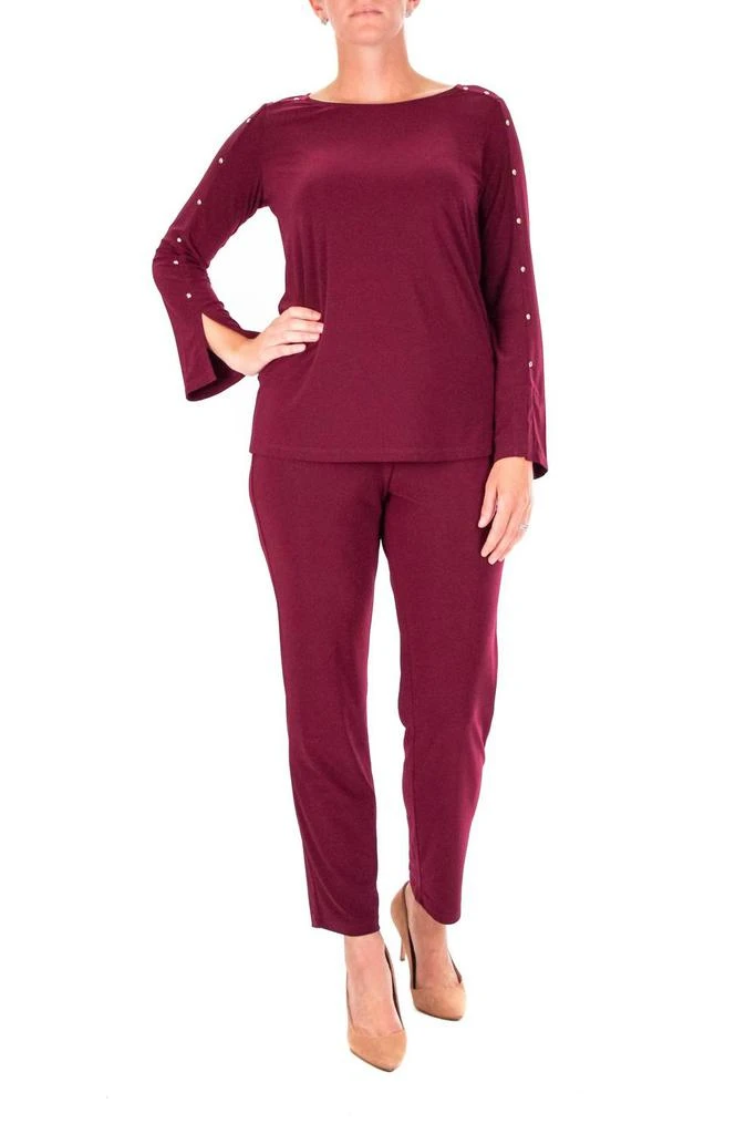 Nina Leonard Nina Leonard - Scoop Neck Embellished Shoulder Top With Elastic Waist Pant Set