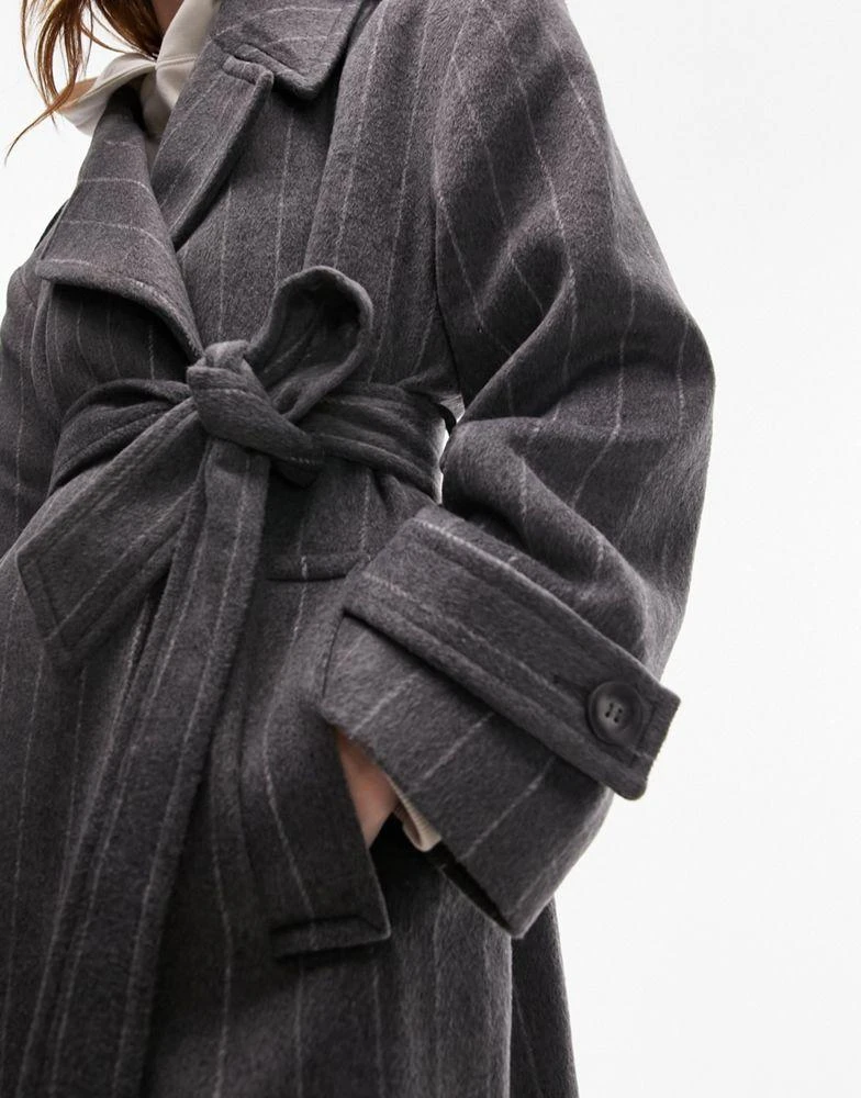 Topshop Topshop long-line wool blend coat in grey pinstripe 2