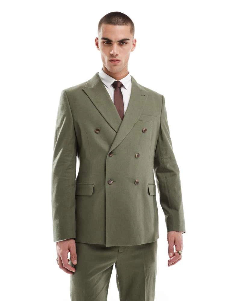 ASOS ASOS DESIGN linen blend double breasted slim suit jacket in green - MGREEN 1