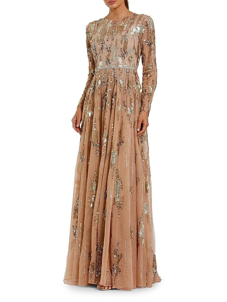 Mac Duggal Evening Mesh Long-Sleeve Gown