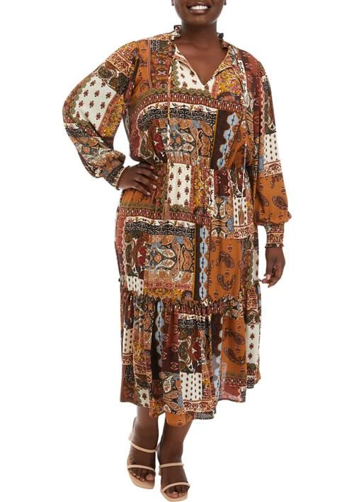 Tahari Tahari Plus Size Long Sleeve Ruffle Printed Dress 1