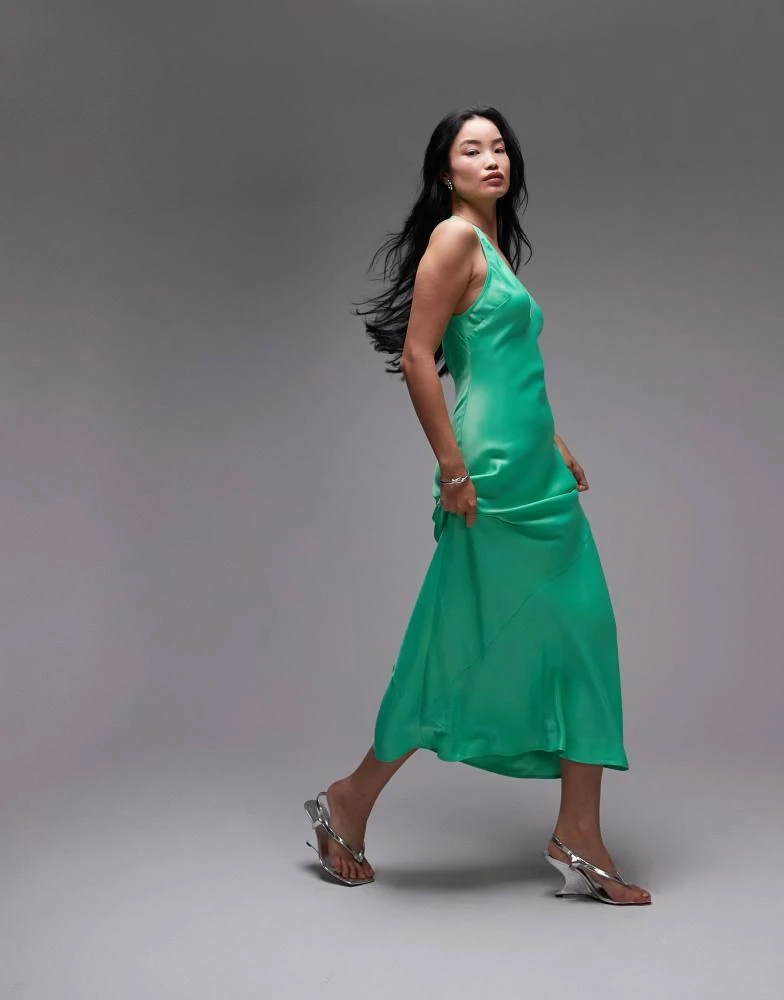 Topshop deep plunge satin maxi dress in green – On Sale Now with