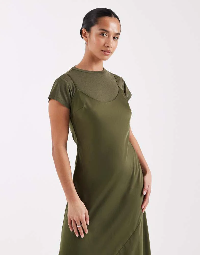 ASOS ASOS DESIGN Petite cami satin 2 in 1 t shirt midi dress in khaki 2