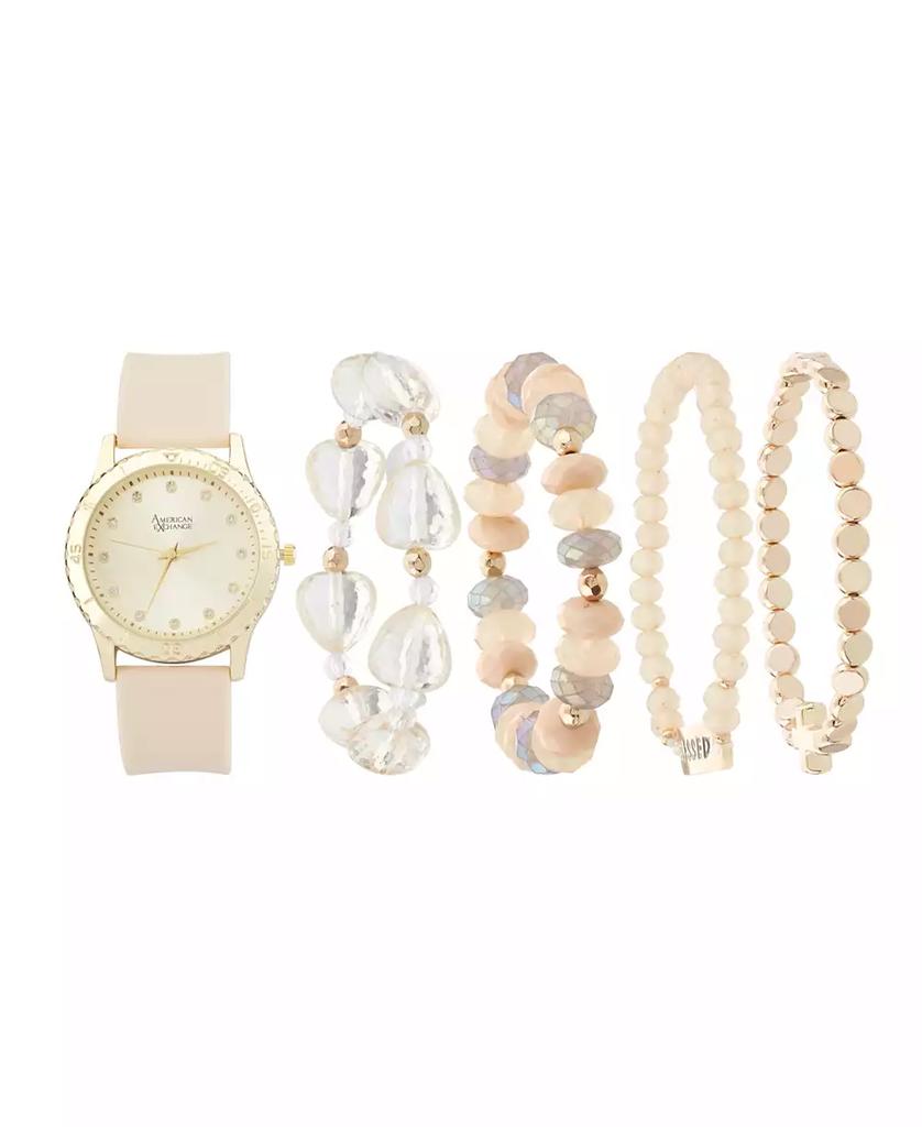 American Exchange Women's Matte Beige Silicone Strap Analog Watch 38mm with Stackable Bracelets Gift Set