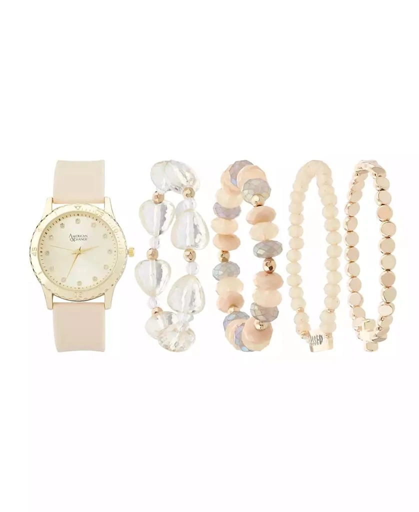 American Exchange Women's Matte Beige Silicone Strap Analog Watch 38mm with Stackable Bracelets Gift Set 1