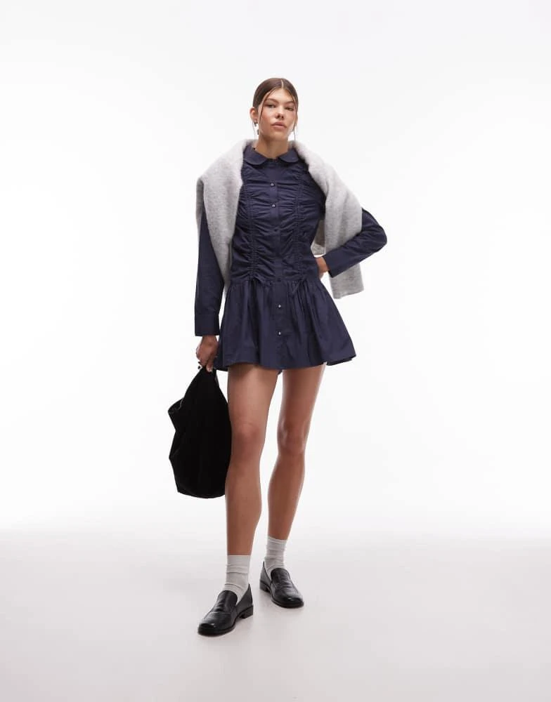 COLLUSION COLLUSION long sleeve ruched mini shirt dress in navy