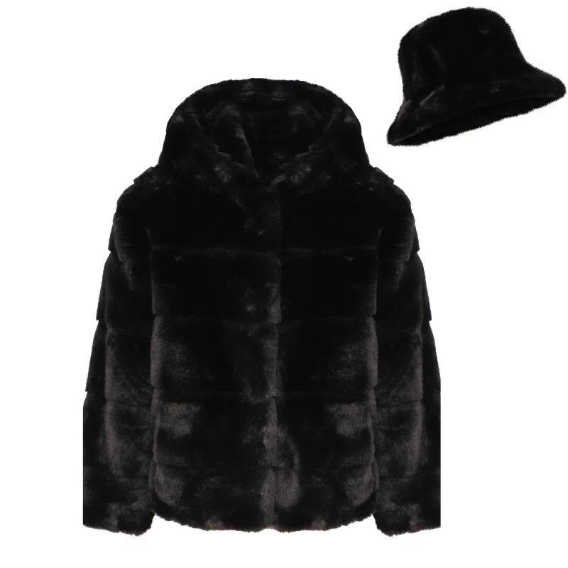 Apparis Goldie faux fur hooded jacket with pockets and bucket hat set in black 1