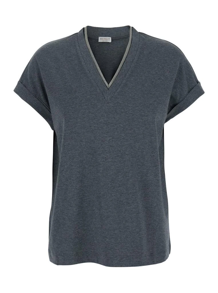 Brunello Cucinelli Grey V Neck T-shirt With Monile Detail On The Neck In Cotton Woman 1