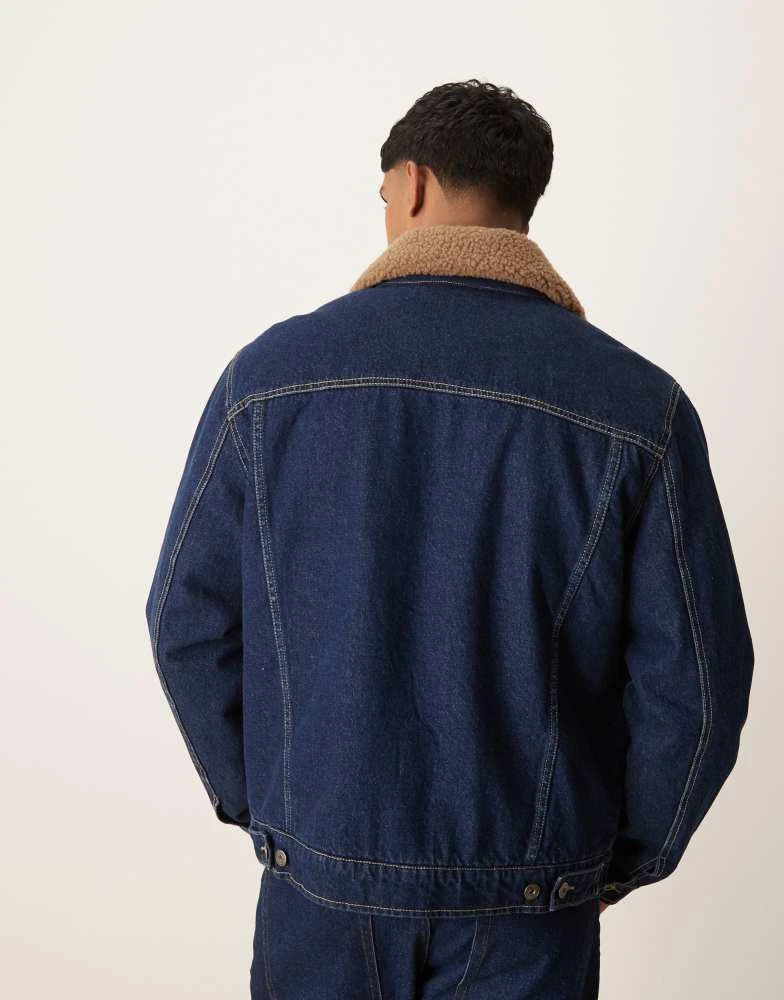 Mango Mango zip down shirt detail denim jacket with borg collar in dark denim 3