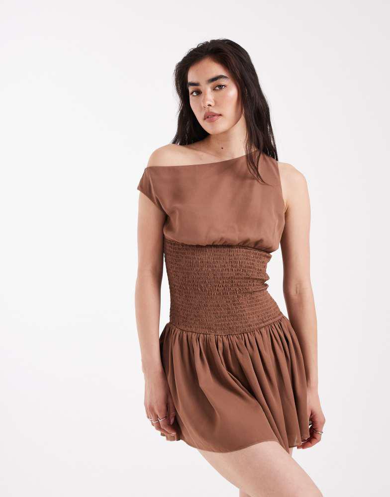 Daisy Street Daisy Street off the shoulder boho georgette shirred detail mini dress in brown