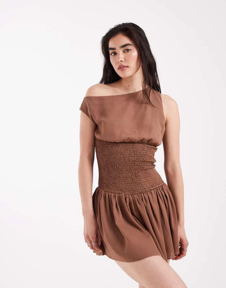 Daisy Street Daisy Street off the shoulder boho georgette shirred detail mini dress in brown 1