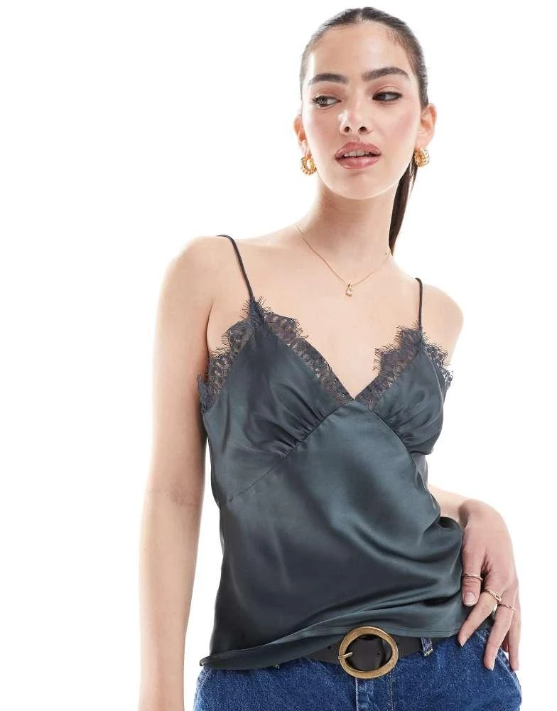 ASOS ASOS DESIGN satin lace trim mini skirt in charcoal 1