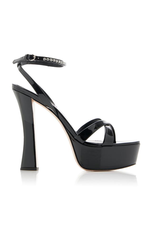 MIU MIU★BLACK LEATHER JEWELED BUCKLE PLATFORM SANDALS Miu Miu Black Patent Leather Crystal Embellished Platform