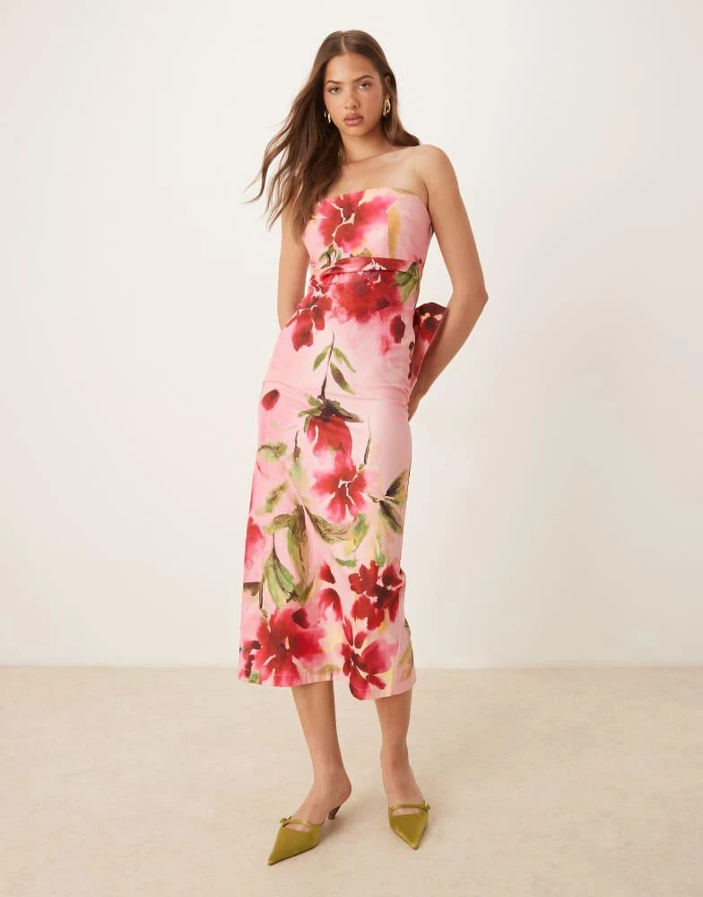 asos pink floral midi dress ASOS DESIGN ruched midi dress in soft pink floral