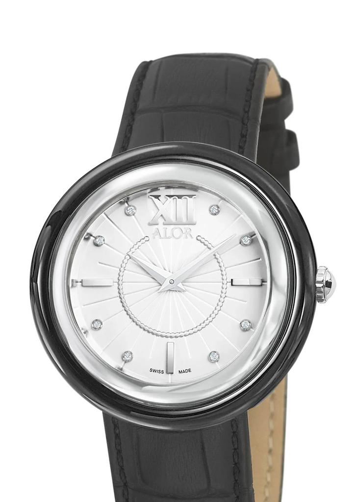 ALOR 0.04 Cts Leather Strap Diamond Watch In Black