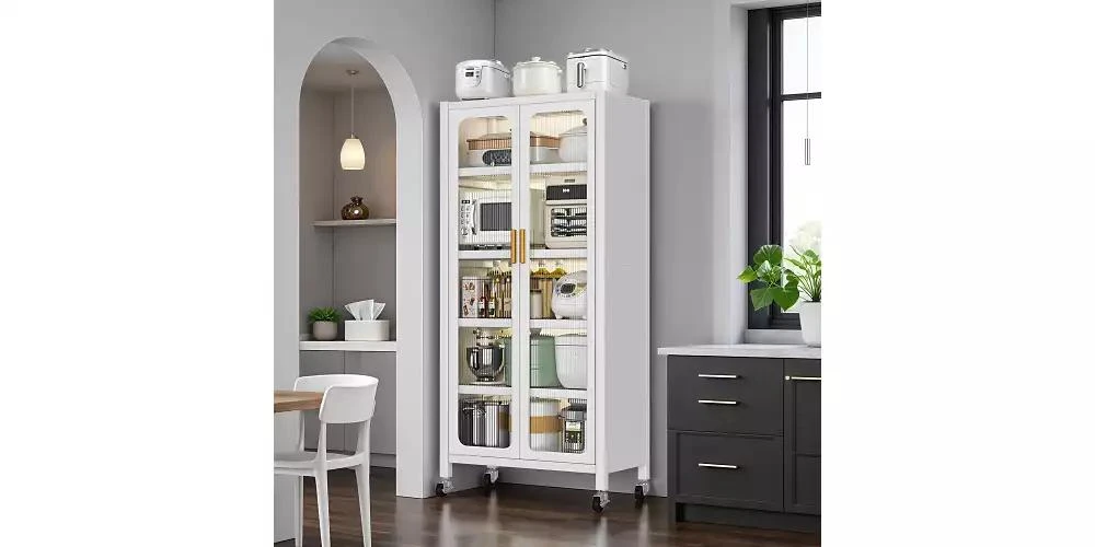 Flynama 65inch Kitchen Pantry Storage Cabinet 6 Tier Metal Display Cabinet with Transparent Door Adjustable Shelves Wheels White 2