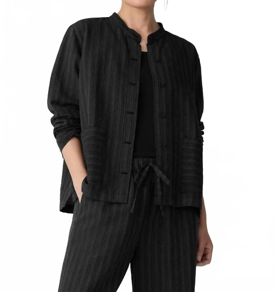 Eileen Fisher Women
s Mandarin Collar Textured Stripe Shirt Jacket In Black