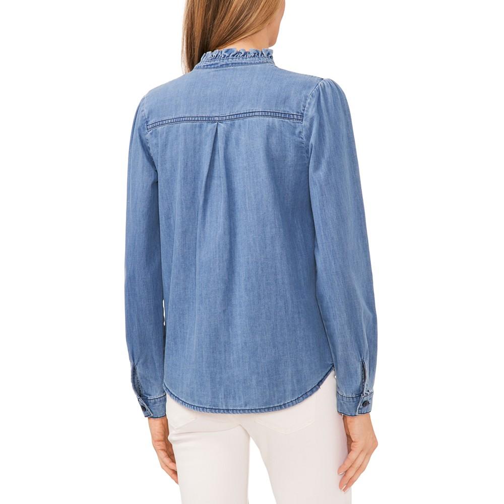 CeCe Women's Ruffle Neck Button Down Denim Blouse