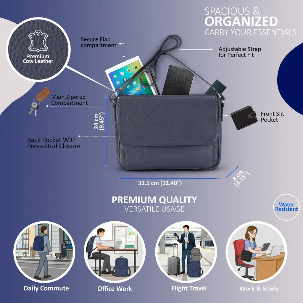 Infinity Leather Genuine Leather Navy Laptop Bag Travel Work Messenger Satchel - Camden 2
