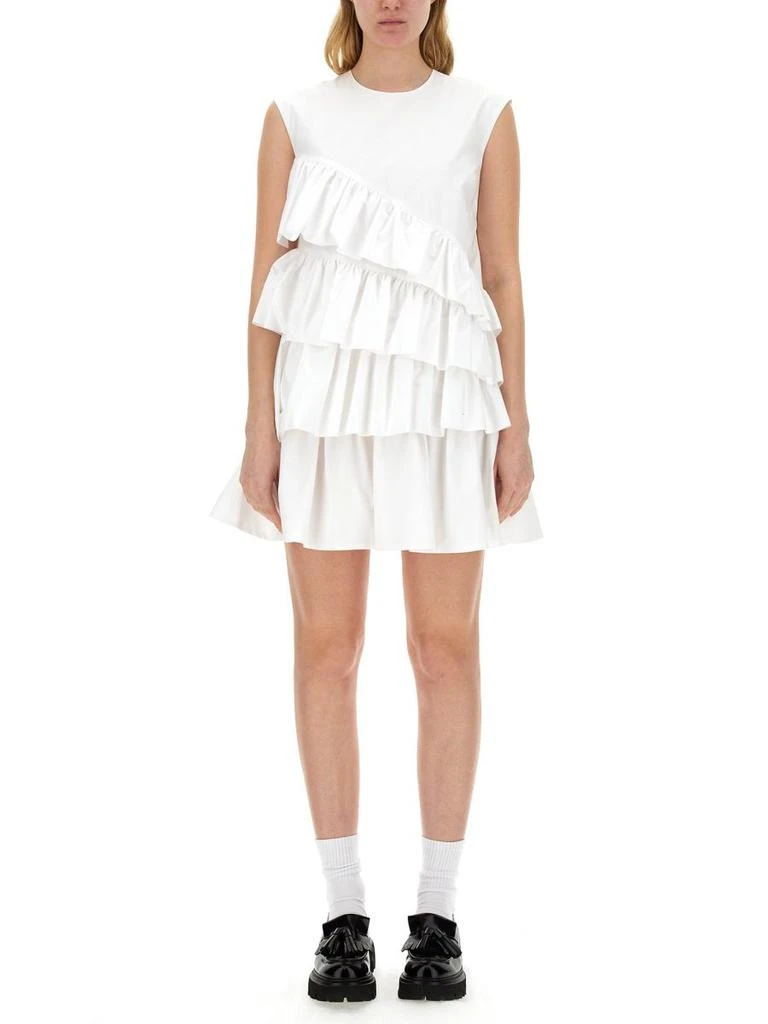 msgm one shoulder ruffle dress Sorority One-Shoulder Ruffle Trim Dress White
