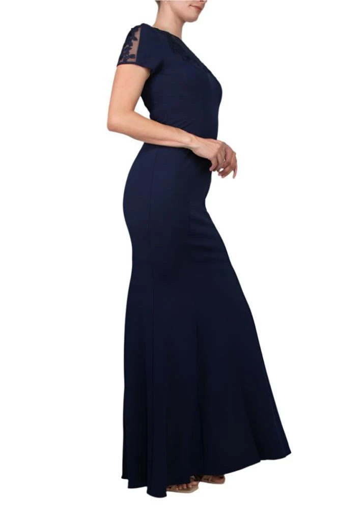 TRUEDAMES Illusion Embellished Crew Neck Short Sleeve Trumpet Keyhole Back Concealed Zipper Back Crepe Gown 3
