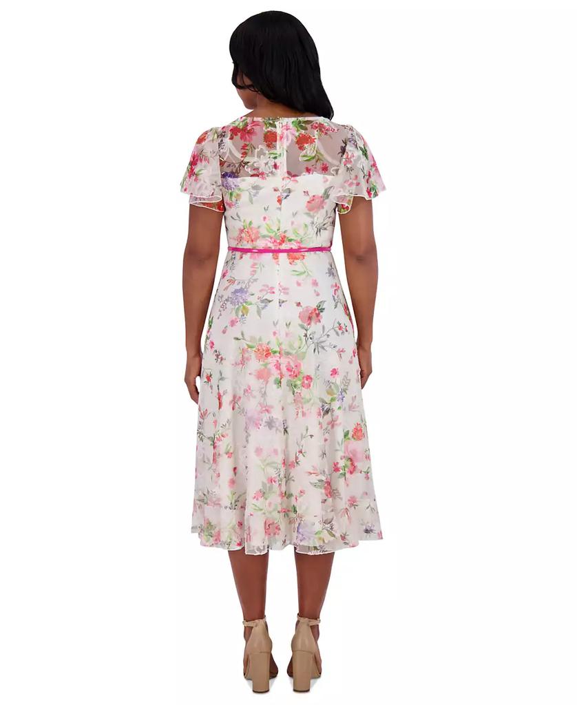 Jessica Howard Women's Floral Flutter-Sleeve Belted Midi Dress