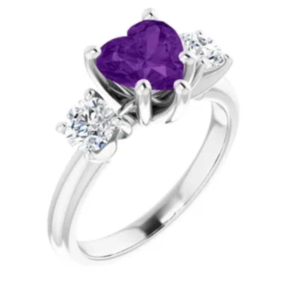 Pompeii3 7mm Amethyst Three-Stone Diamond Heart Shape Ring in 14k White or Yellow Gold 2
