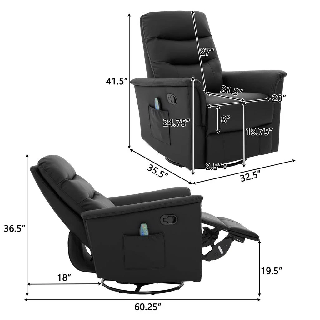 Streamdale Furniture Streamdale Manual Recliner Chair with 8-Point Massage
Adjustable Backrest, Black 2