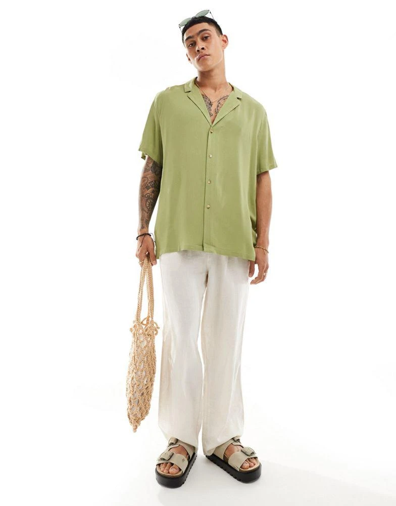 ASOS ASOS DESIGN relaxed fit viscose shirt with low revere collar in olive green 2