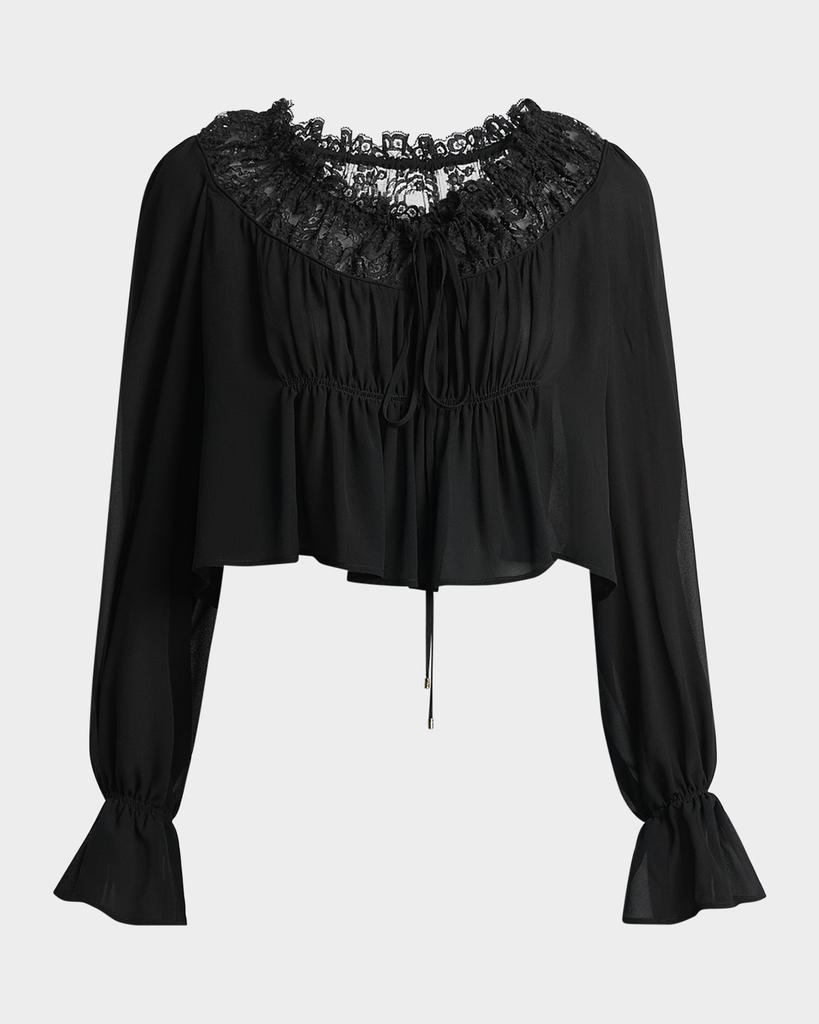 Chloé Ruched Lace Silk Peasant Blouse
