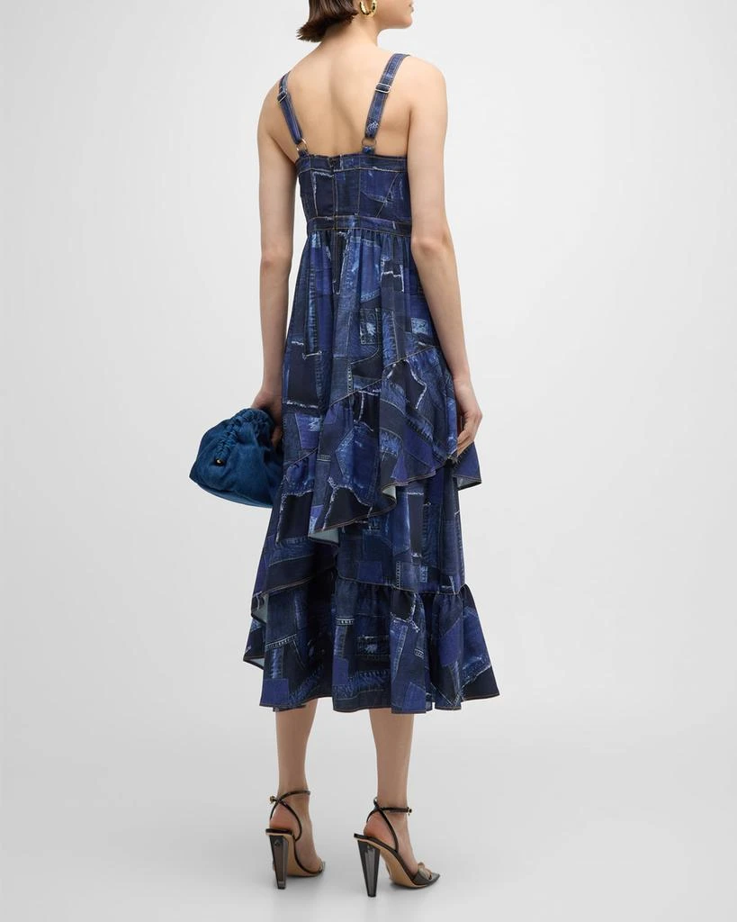 Cinq a Sept Jordyn Patchwork Denim Tiered Ruffle Bustier Midi Dress 7