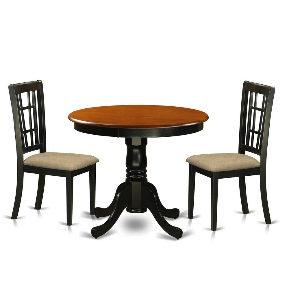 East West Furniture ANNI3-BLK-C 3 PC Dining Table with 2 Linen Chairs in Black and Cherry