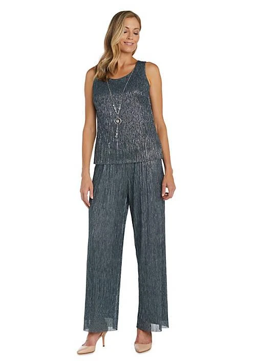 R & M Richards M Richards 3Pc Crinkle Pantsuit With A Mesh Chiffon Jacket And Necklace 3