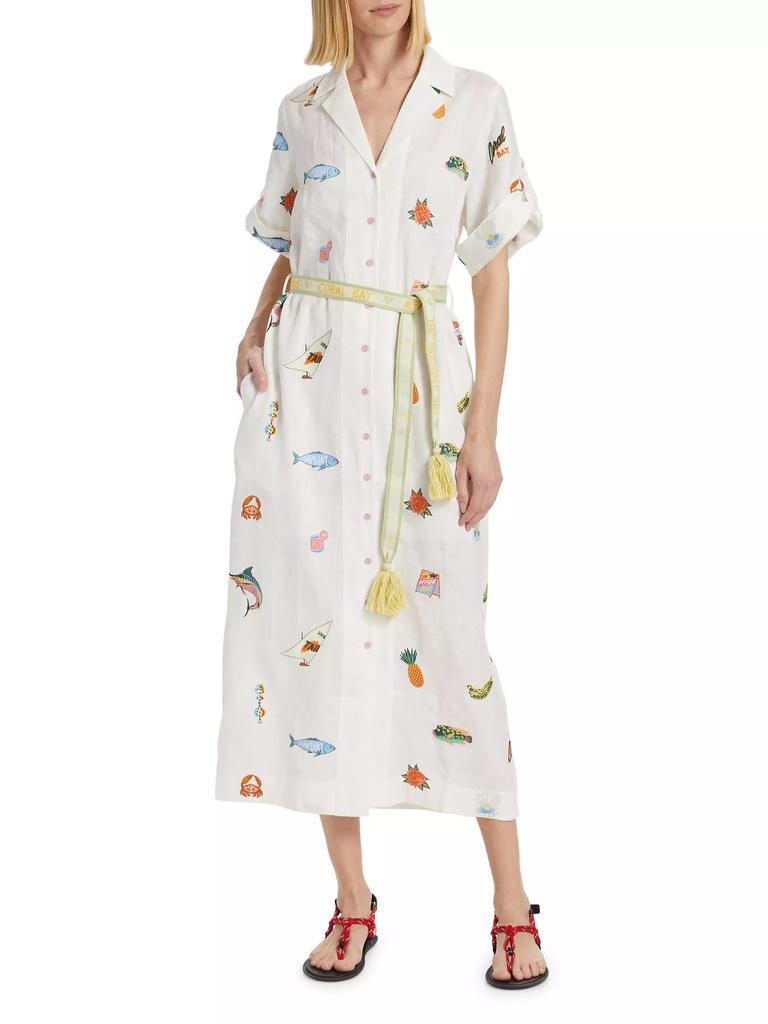 ALÉMAIS Blue Marlin Linen Embroidered Midi- Dress