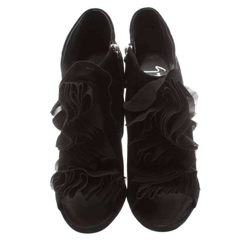 Giuseppe Zanotti Giuseppe Zanotti Black Suede Peep Toe Silk Ruffle Detail Ankle Booties Size 40.5 3